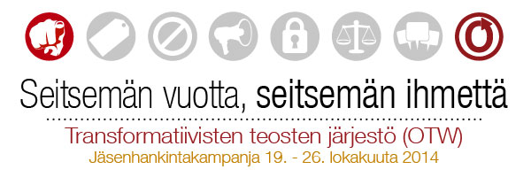 Seitsemän vuotta, seitsemän ihmettä. Transformatiivisten teosten järjestö (OTW). Jäsenhankintakampanja 19. - 26. lokakuuta 2014.