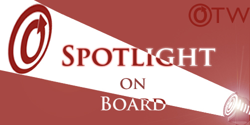 Banner by Erin of a spotlight on an OTW logo with the words 'Spotlight on Board'