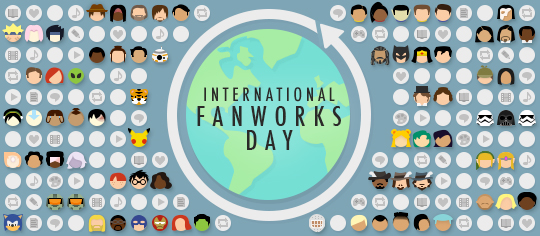 International Fanworks Day celebration, featuring fandom-themed emoji and representations of fanworks around the globe