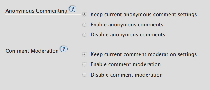 Privacy options when editing multiple works at once: anonymous commenting, comment moderation